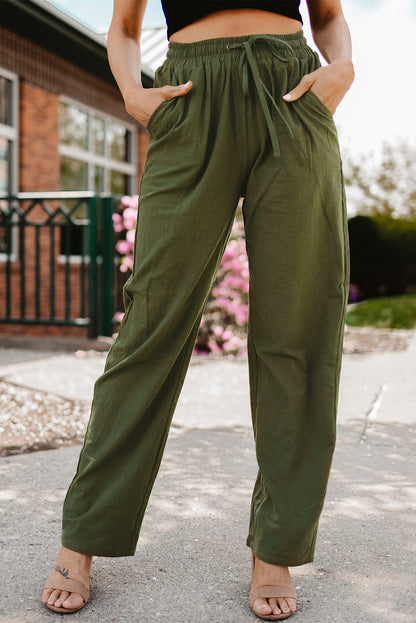 Green Drawstring Elastic Waist Pockets Long Straight Legs Pants