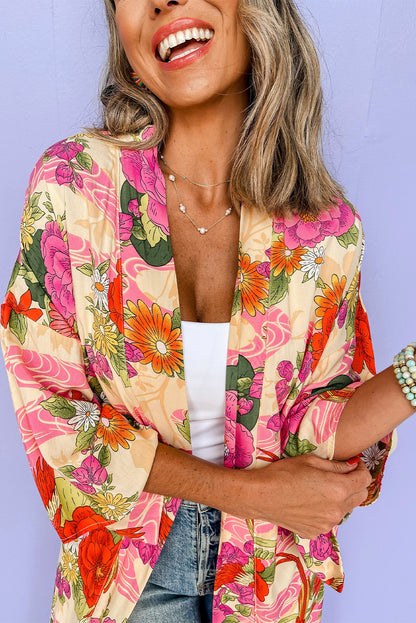 Pink Floral Allover Print Open Front Belted Duster Kimono