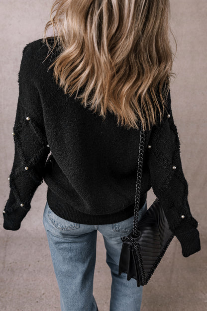 Black Pearl Embellished Rhombus Pattern Sweater