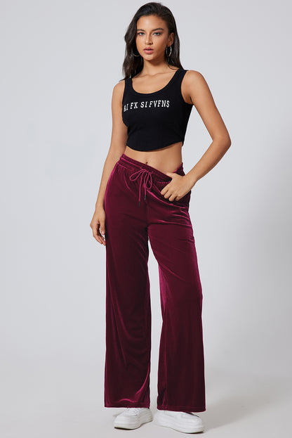 Burgundy Solid Drawstring Waist Wide Leg Pants