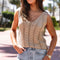 Pale Khaki Scalloped Hem V Neck Crochet Knit Vest