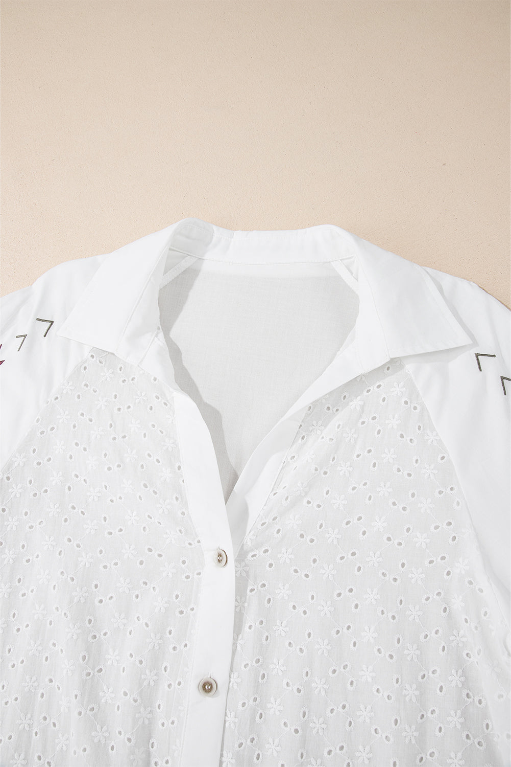 White Floral Embroidered Puff Sleeve Eyelet Patchwork Shirt