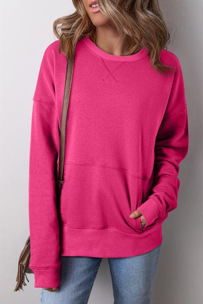 Rose Red Drop Shoulder Crisscross Stitching Pocketed Loose Sweatshirt