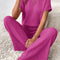 Rose Red Solid Color Ribbed Short Sleeve Wide Leg Jumpsuit