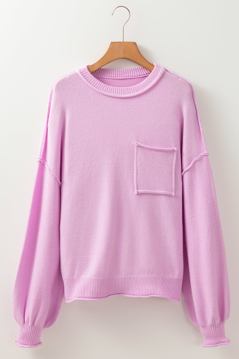 Pink Raw Edge Ribbed Detail Drop Shoulder Sweater