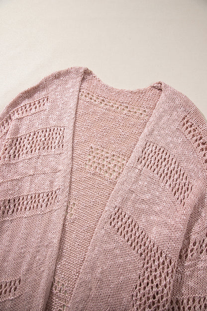 Pink Casual Hollowed Knit Dolman Sleeve Cardigan