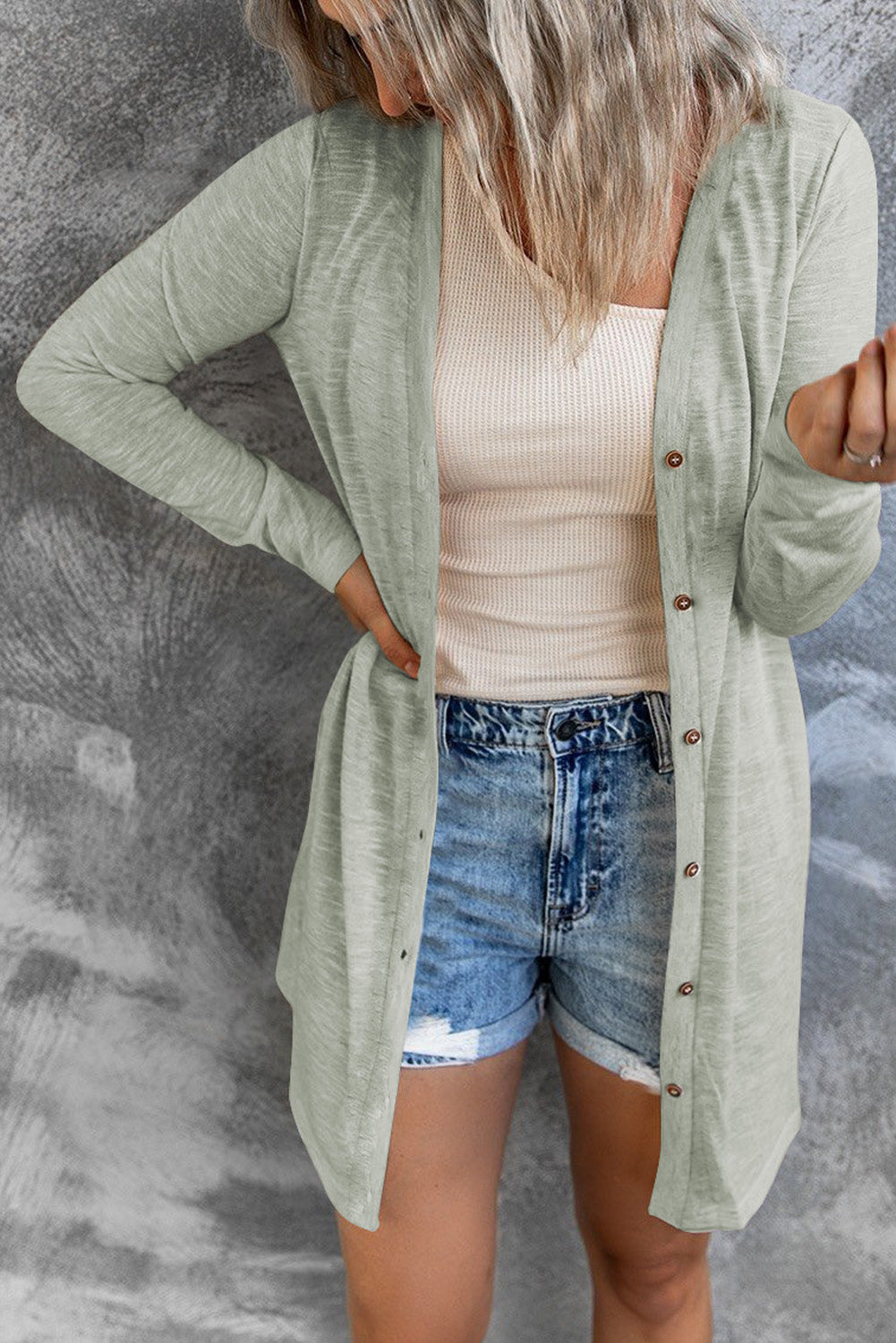 Solid Color Open-Front Buttons Cardigan