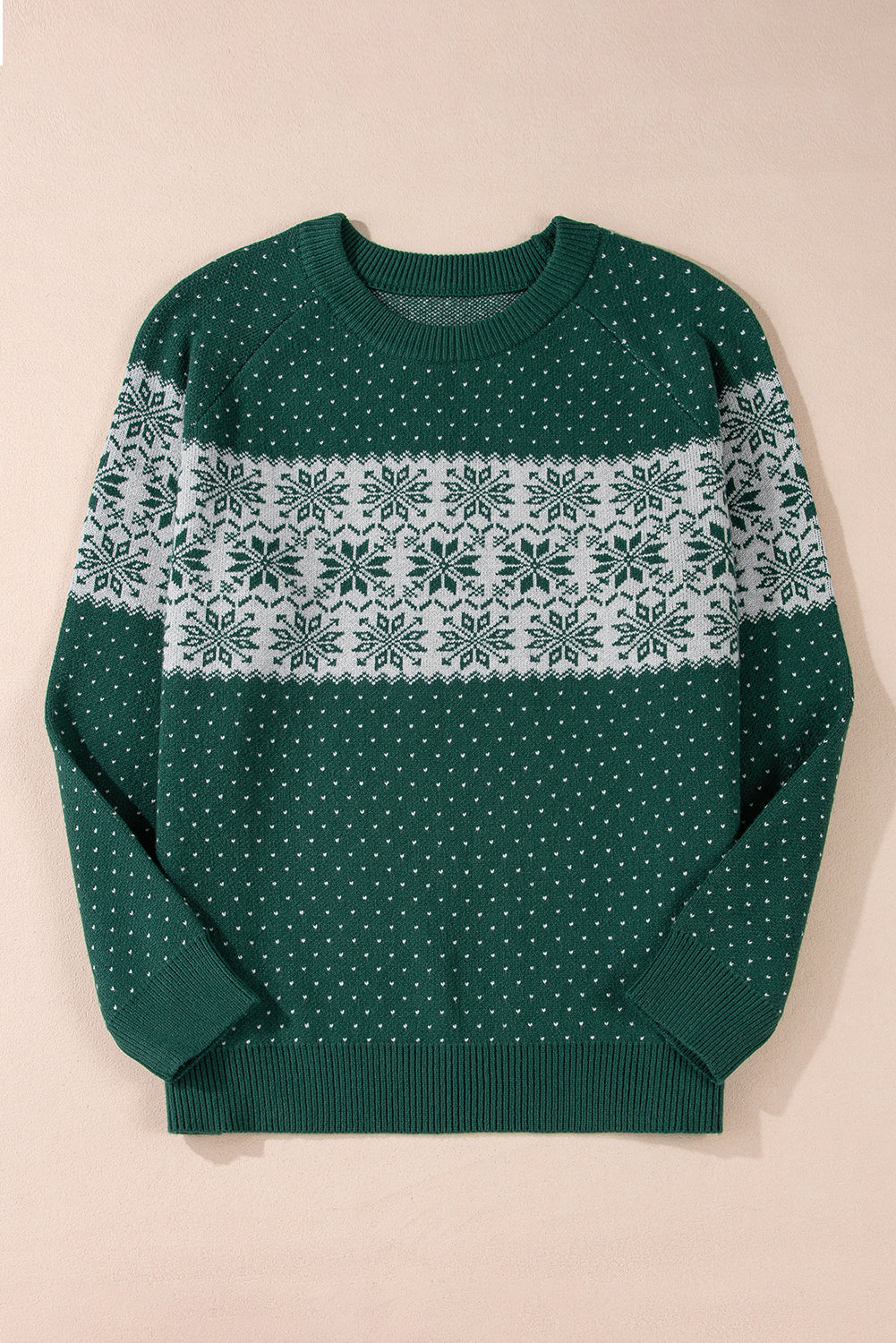 Green Christmas Snowflake Pattern Drop Shoulder Plus Size Sweater