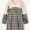 Black Plaid Waffle Knit Patchwork Collared V Neck Plus Size Mini Dress