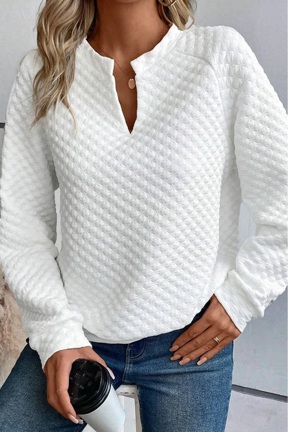 White Split Neck Quilted Long Sleeve Top