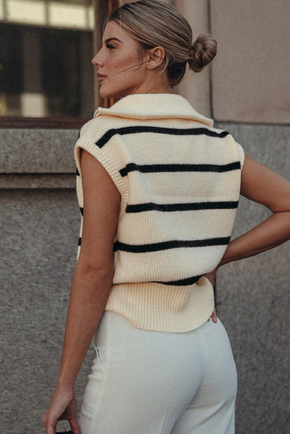 White Stripe Zipped Collar Cap Sleeve Knit Top