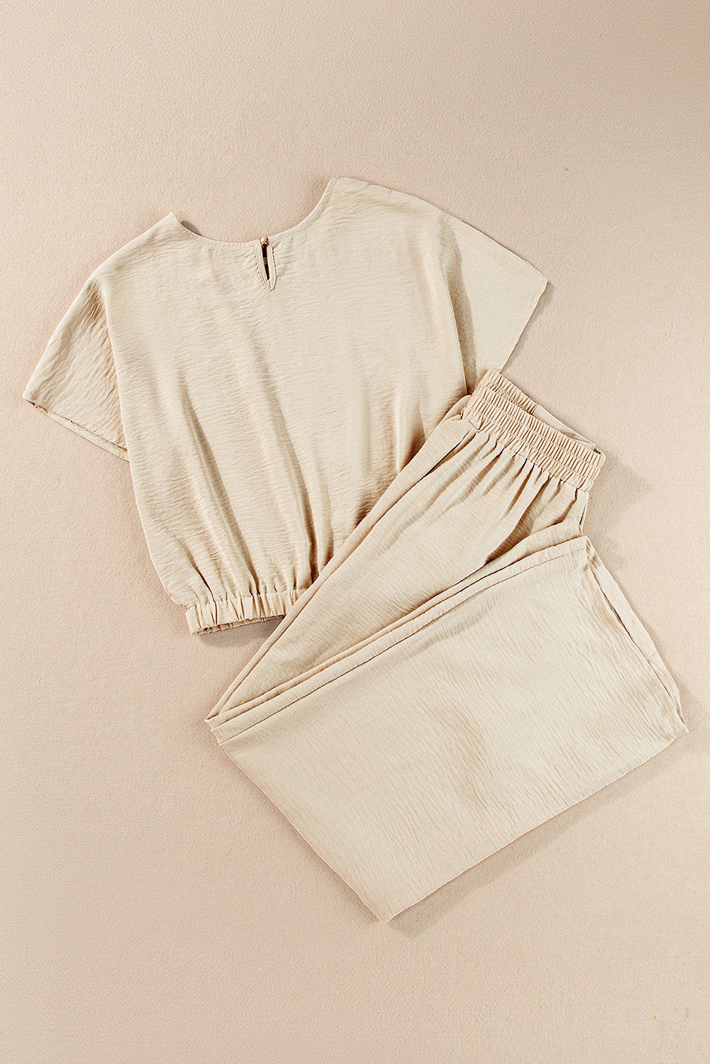 Beige Crinkled Elastic Hem Crop Tee and Wide Leg Pants Set