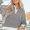 White Stripe Color Block Buttoned Crew Neck Oversized Sweatshirt