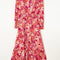 Rose Floral Print Buttoned Smocked High Waist Maxi Dress