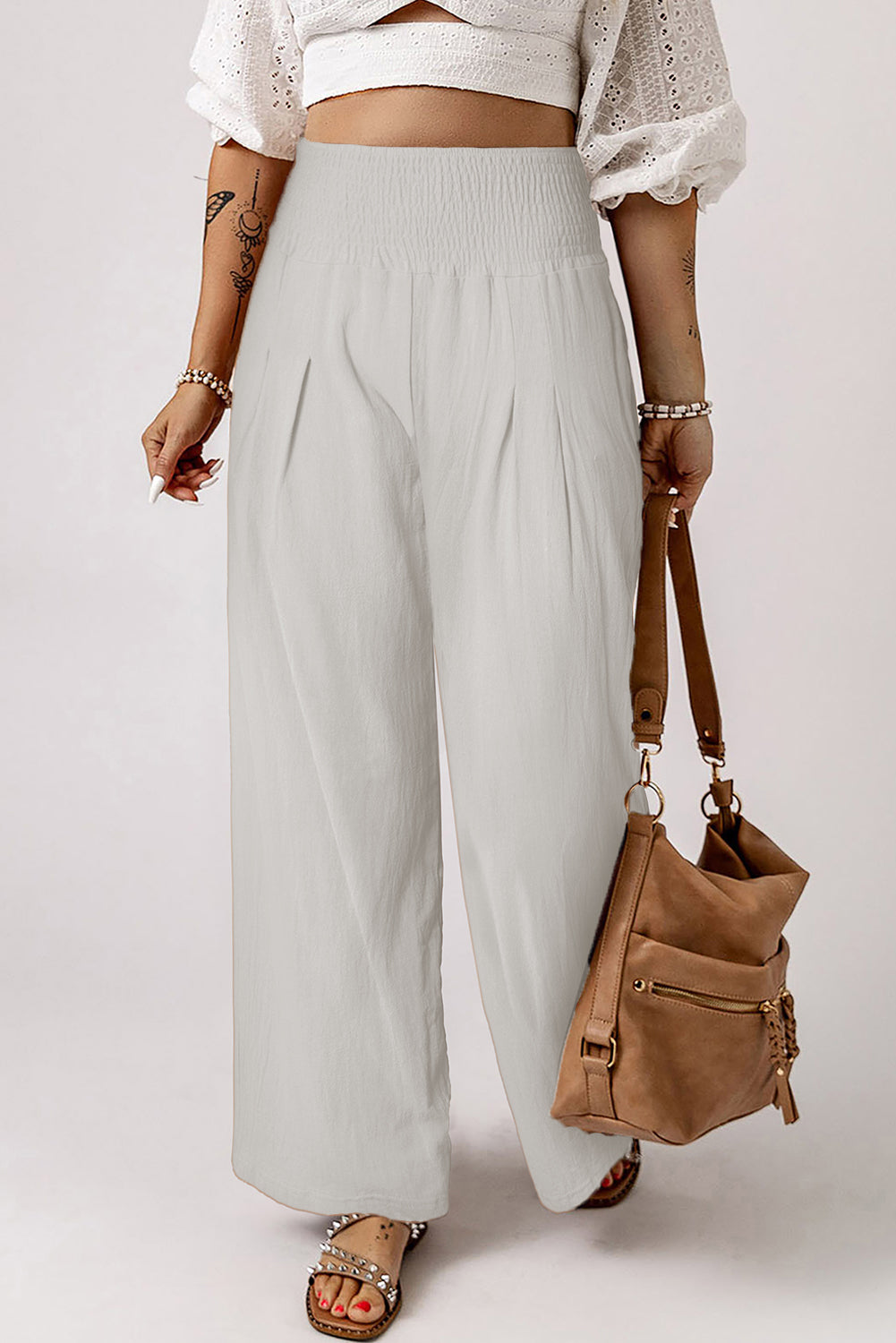 White Smocked Wide Waistband High Waist Wide Leg Pants