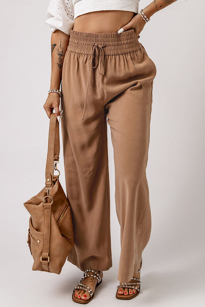 Brown Drawstring Elastic Waist Casual Wide Leg Pants