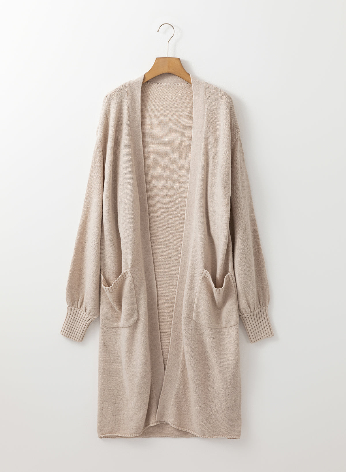 Beige Side Pockets Open Front Long Knitted Cardigan