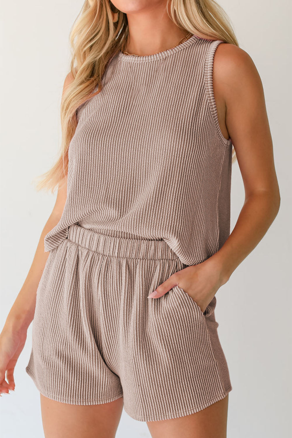 Smoke Gray Corded Sleeveless Top and Pocketed Shorts Set