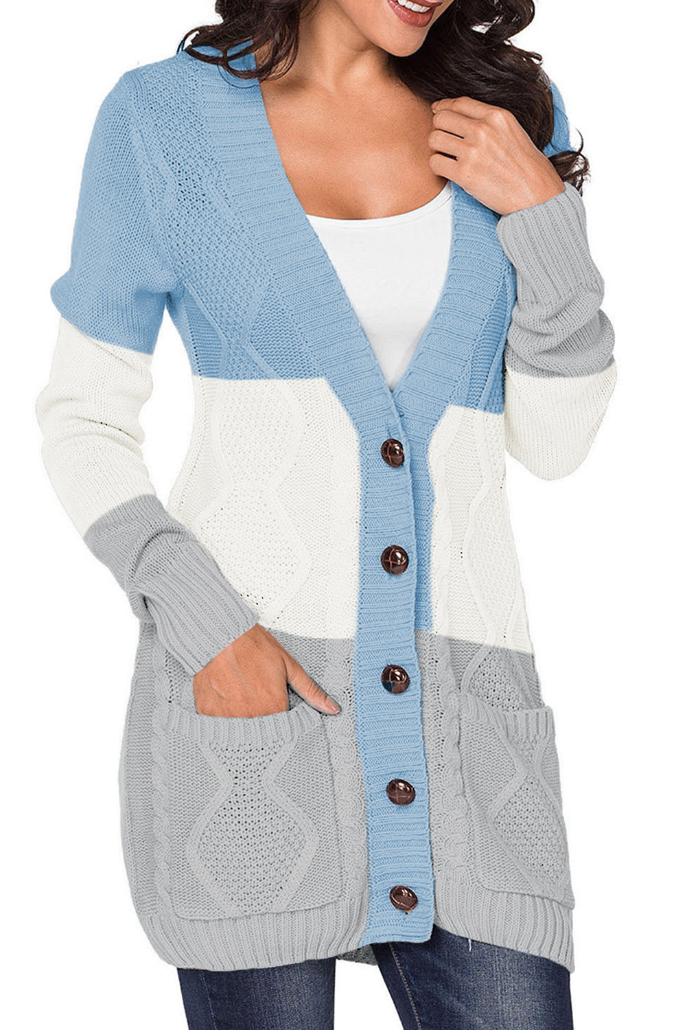 Blue Front Pocket and Buttons Closure Cardigan