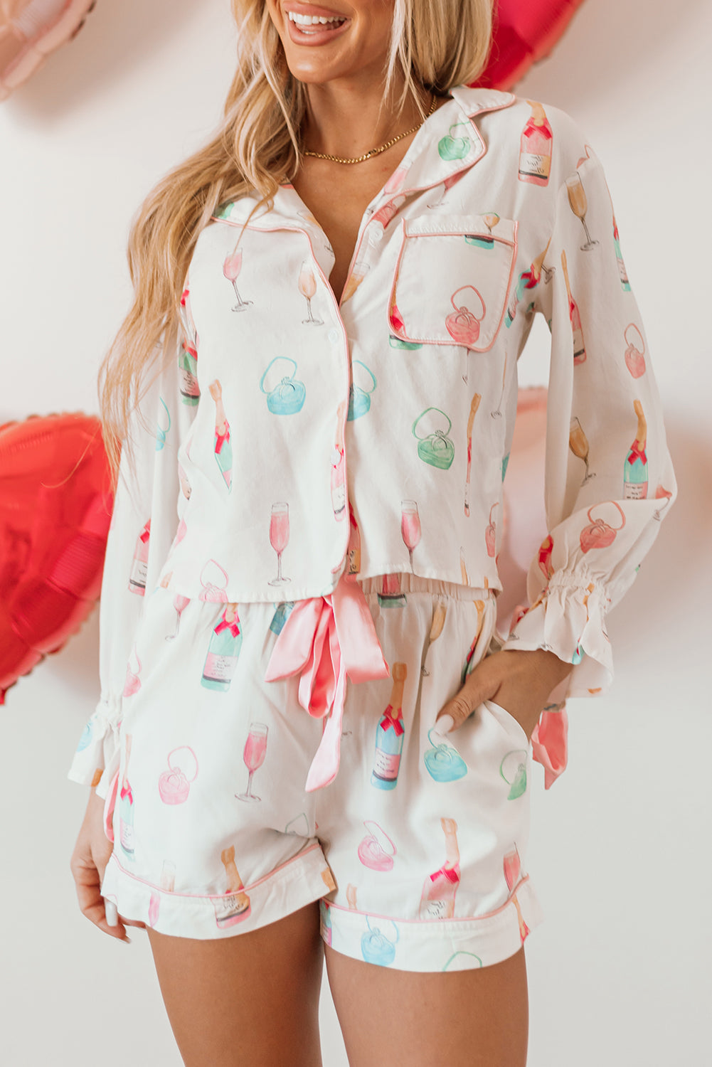 White Christmas Wine Glass Print Bow Knot Two Piece Pajama Set