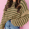 Khaki Stripe Drop Shoulder Casual Sweater