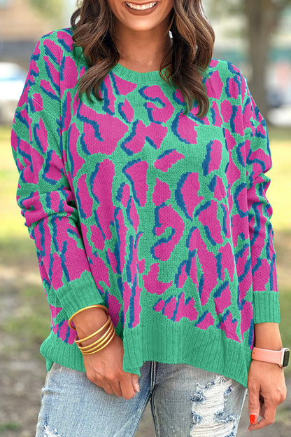 Green Abstract Print Ribbed Trim Baggy Sweater