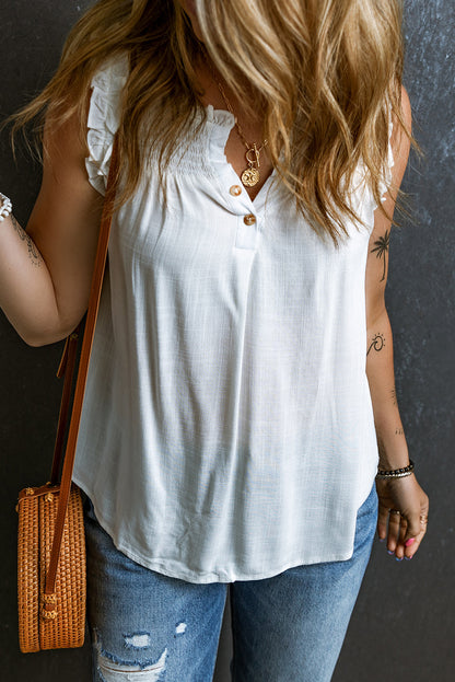 White Button Split Neck Ruffled Trim Tank Top