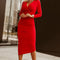 Fiery Red Long Sleeves Wrap V Neck Ruched Sheath Bodycon Dress