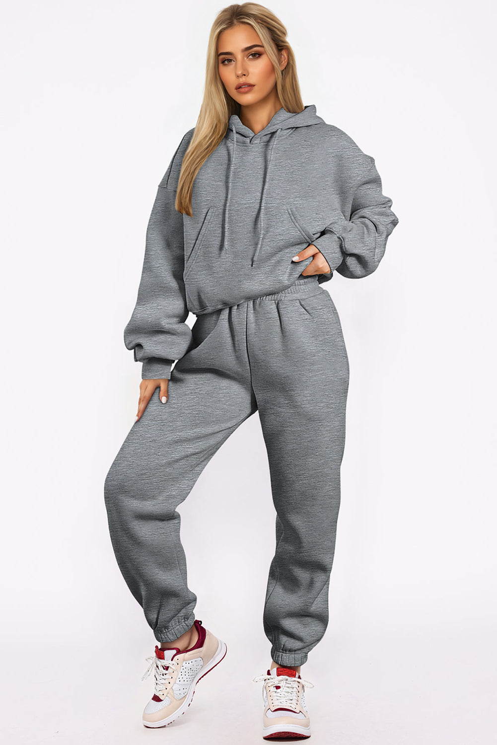 Gray Solid Drop Shoulder Hoodie and Joggers Activewear Set