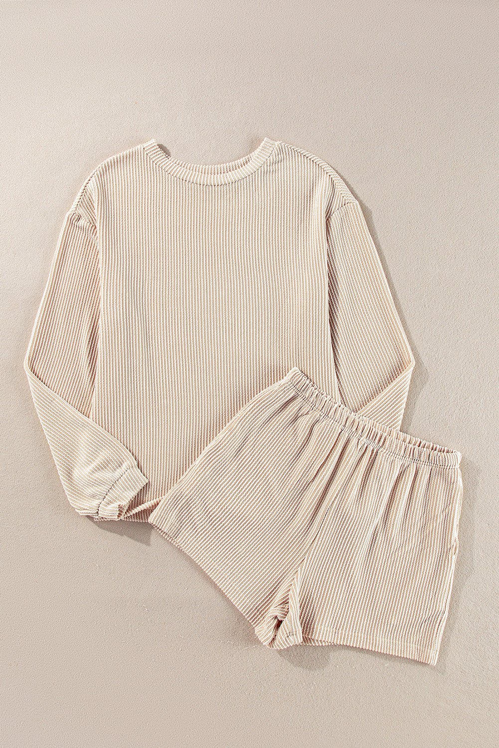 Parchment Corded Knit Long Sleeve Top and High Waist Shorts Set