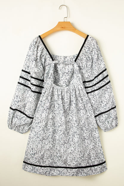 Gray Floral Print Open Back Balloon Sleeve Square Neck Mini Dress