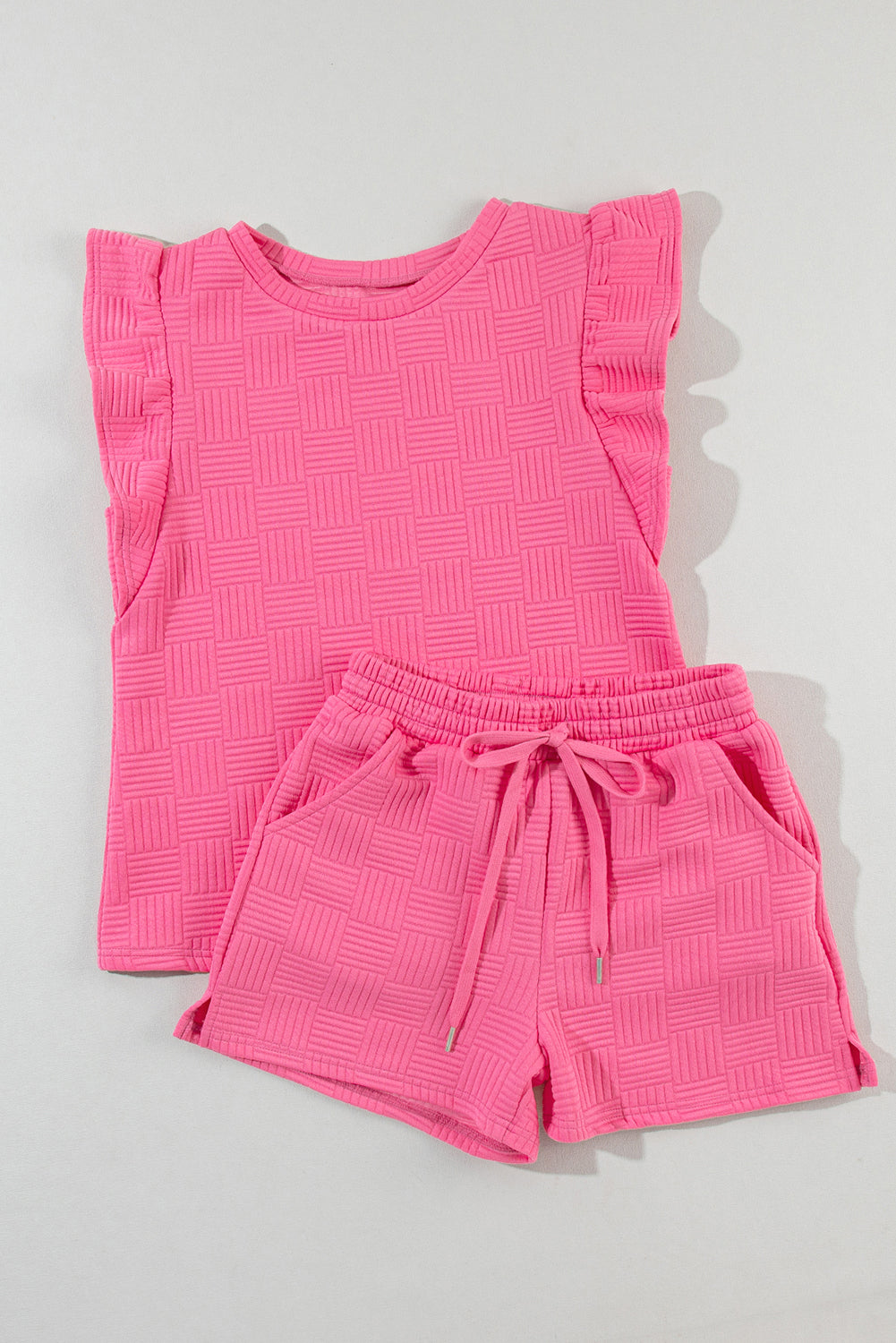 Bonbon Textured Ruffled Sleeve Tee and Drawstring Shorts Set