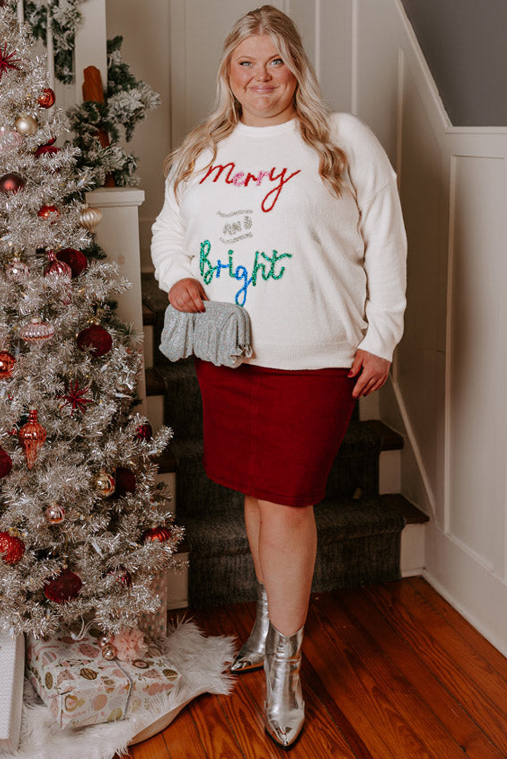 White Tinsel Merry AND Bright Pattern Plus Size Christmas Sweater