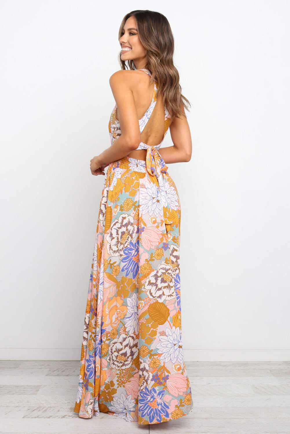 Orange Boho Floral Backless Lace up Sleeveless Maxi Dress