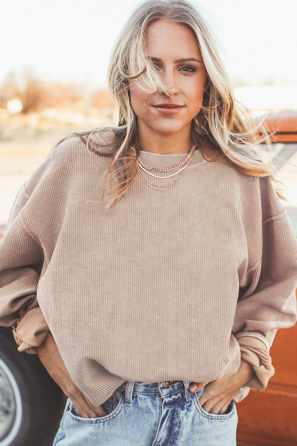 Apricot Ribbed Corduroy Oversized Sweatshirt