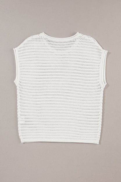 White Hollow Out Knit Cap Sleeve Top