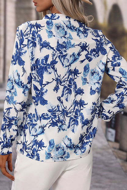 Sky Blue Floral Print Notched Neck Elegant Blouse