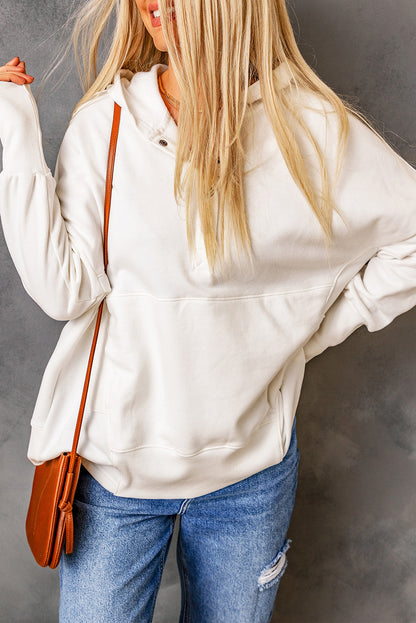 White Batwing Sleeve Pocketed Henley Hoodie