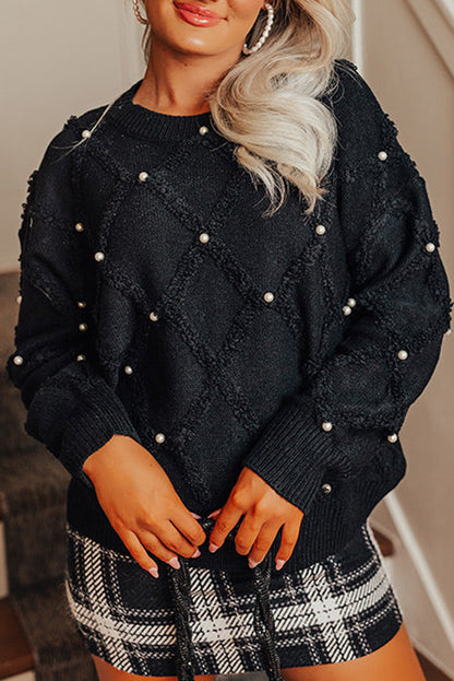 Black Pearl Embellished Rhombus Pattern Sweater