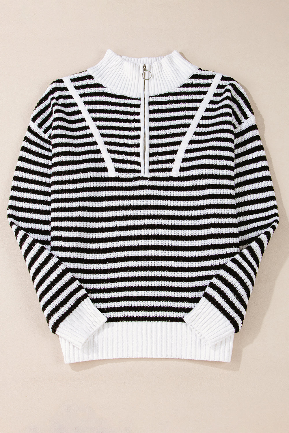 Black Stripe Zip up Collar Drop Shoulder Sweater