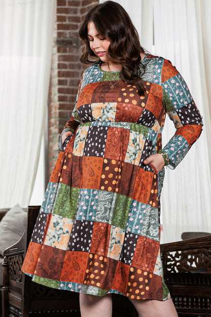 Green Printed Multicolor Western Checkered Plus Size Swing Dress