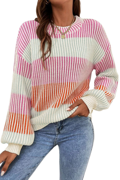 Pink Colorblock Textured Knit Bubble Sleeve Sweater