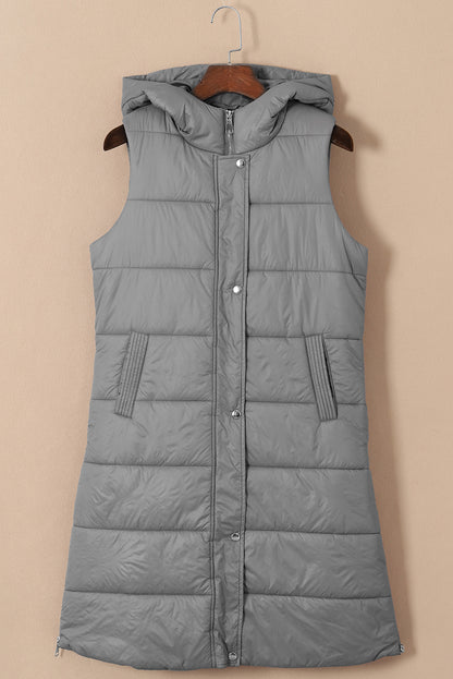 Dark Grey Hooded Long Quilted Vest Coat