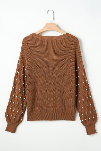 Chestnut Beaded Drop Shoulder Round Neck Sweater