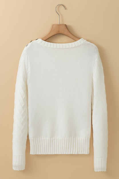 White Textured Knit Button Decor Pullover Sweater