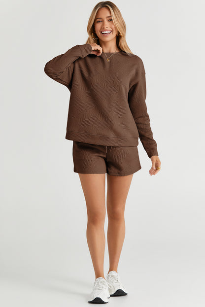 Brown Textured Long Sleeve Top and Drawstring Shorts Set