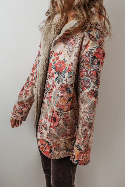 Beige Vintage Paisley Floral Printed Sherpa Lined Hooded Jacket