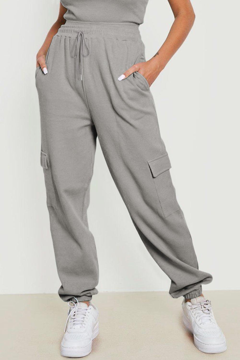 Gray Waffle Texture Cargo Pocket Jogger Pants