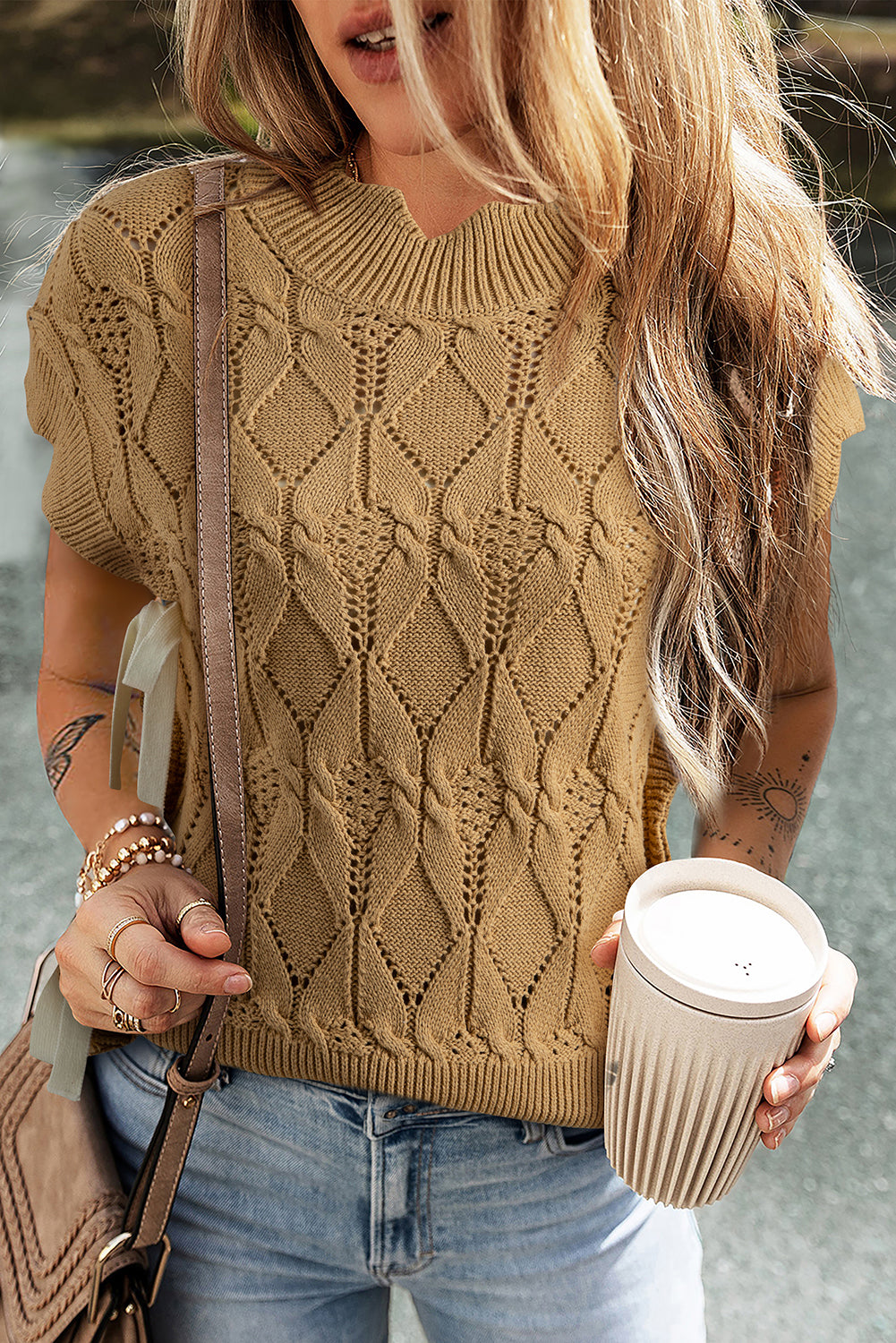 Light French Beige Hollowed Knit Scalloped Trim High Neck Sweater