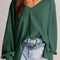 Blackish Green Waffle V Neck Long Sleeve Drop Shoulder Loose Blouse